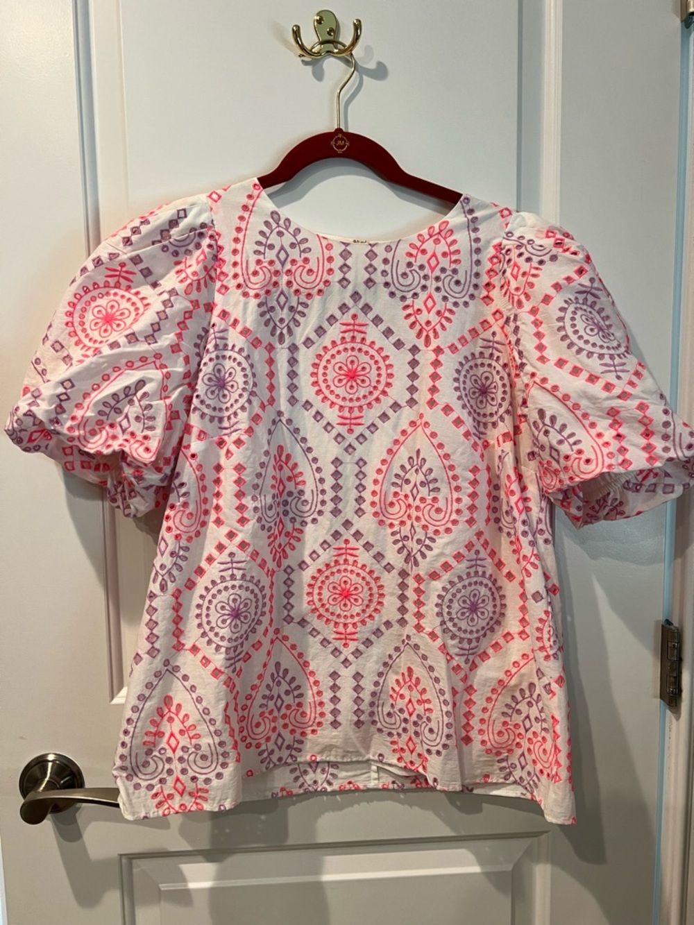 Lilly Pulitzer White Blouse with Pink & Purple Medallion Motif